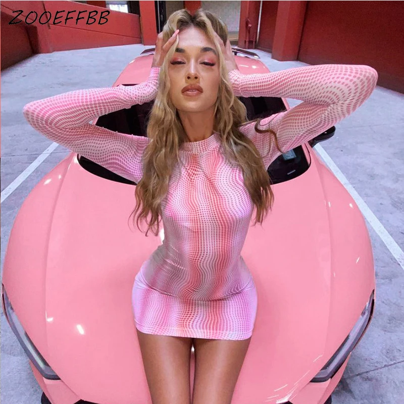 

ZOOEFFBB Sexy Print Bodycon Mini Dress Fall Clothes for Women Y2K Party Night Club Wear Outfits Long Sleeve 2021 Evening Dresses