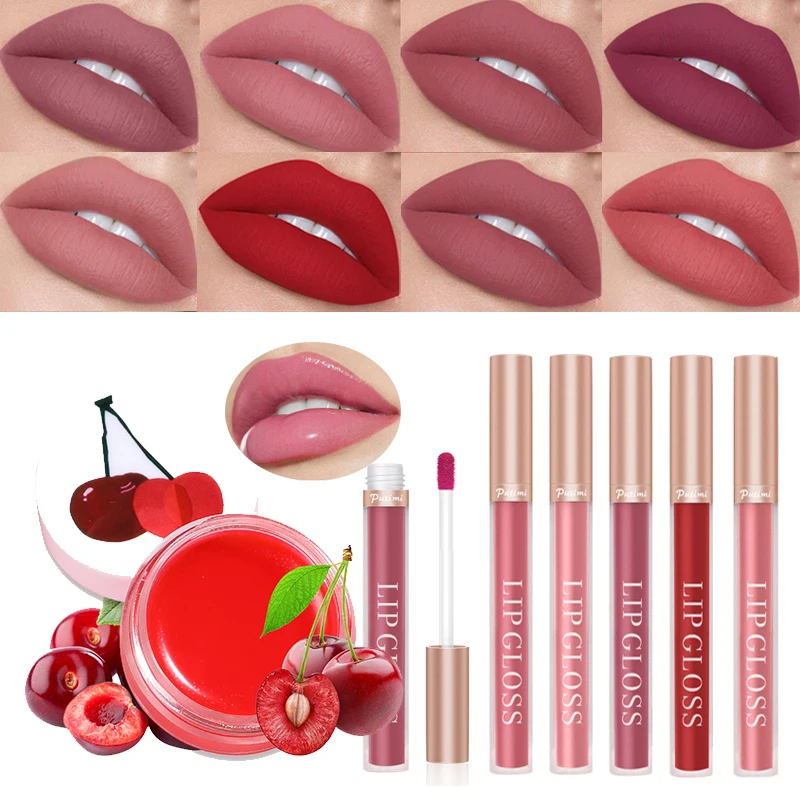 

1PCS Lips Makeup Lipstick Moisturizing Lip Gloss Waterproof Long Lasting Sexy Matte Velvet Lipstick + 1PCS Nourishing Lip Balm
