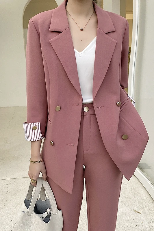 

2021 New Spring Summer Women's Blazers suits Notched Blazer Jacket & Pant Office Lady slim 2 piece Sets Pink