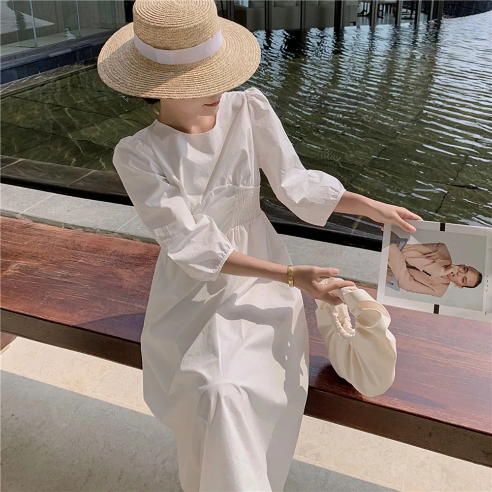 

Japan Style Temperament Casual 2021 Summer Ladies Dress Korean Fashion Simplicity Solid Color Round Neck Puff Sleeve High Waist