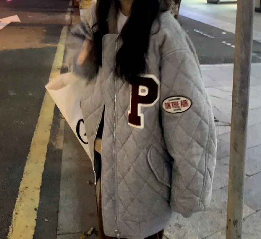 JESSIC Lingge Letter Retro Hong Kong Style Cotton Jacket Female Autumn And Winter College Style Loose Baseball Uniform Female