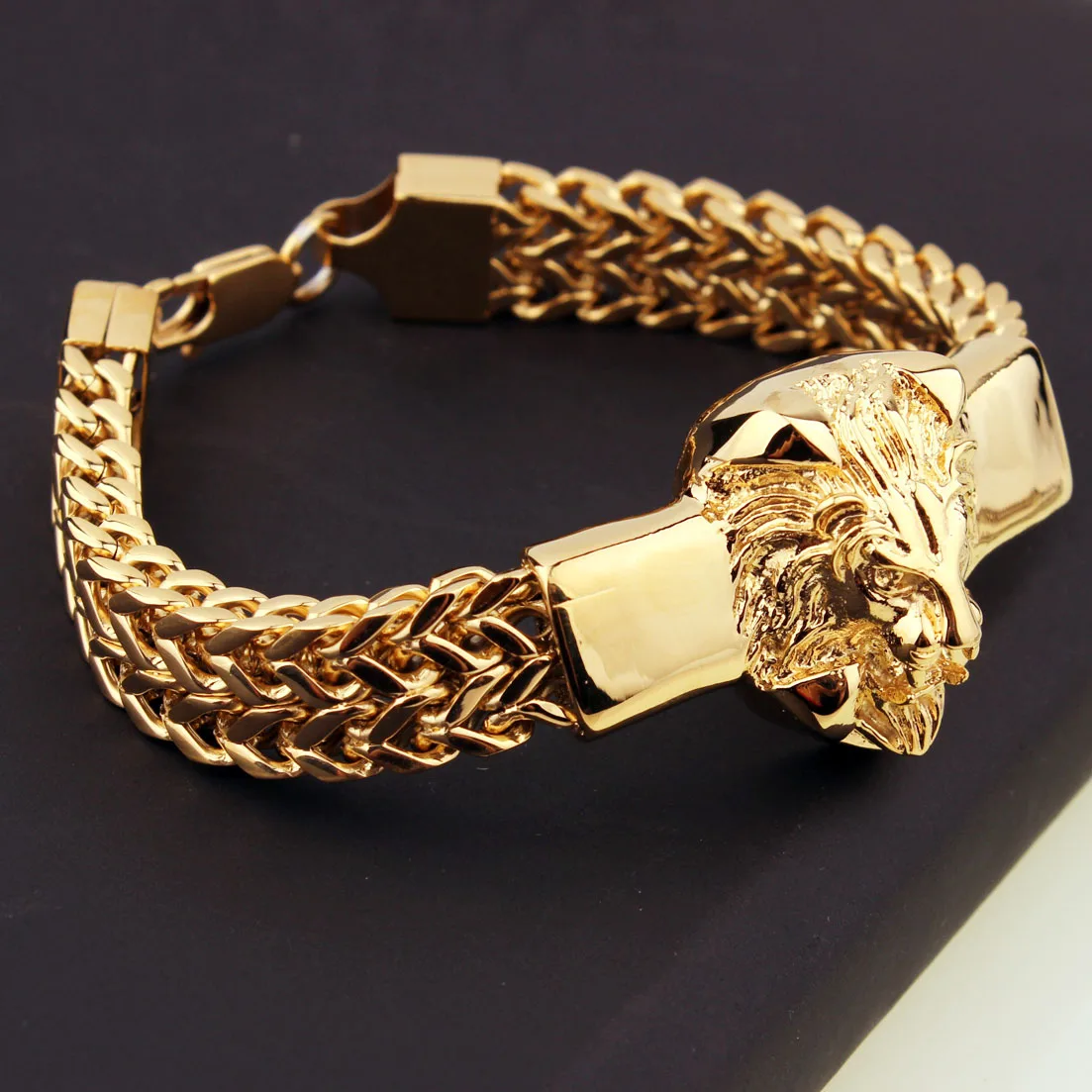 

15mm*8.66" Men's Jewelry Figaro Link Chain Bracelet Bangle Stainless Steel Gold Lion Head Cuff Bangle Christmas Gift Top Design