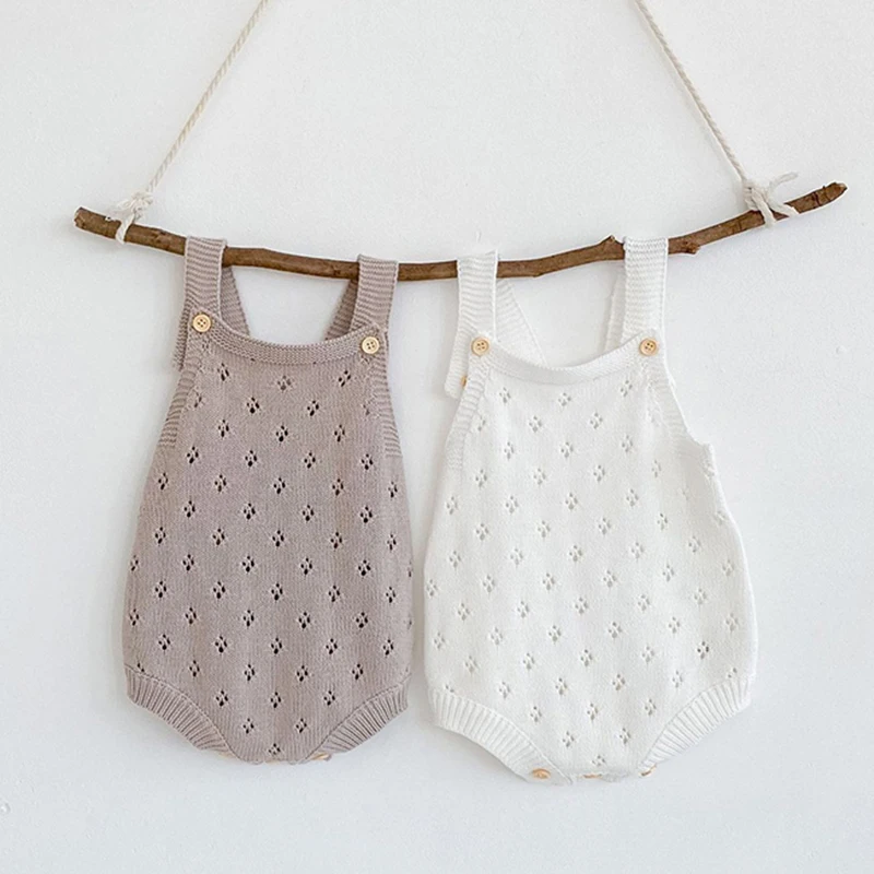 

Baby Knitwear Bodysuit Autumn New Hollow Out Strap Baby Girls Boys Sleeveless Overalls Infant Kids Triangle Jumpsuit Outfits