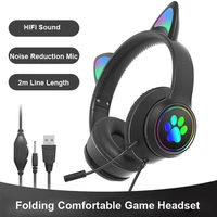 wired gaming headset cat ear headphones for pc computer pink headsets with noise reduction microphone rgb colorful light
