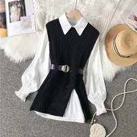 autumn winter 2021 korean fashion collect waist vintage womens split sweater vest set beige in stock fast shipping