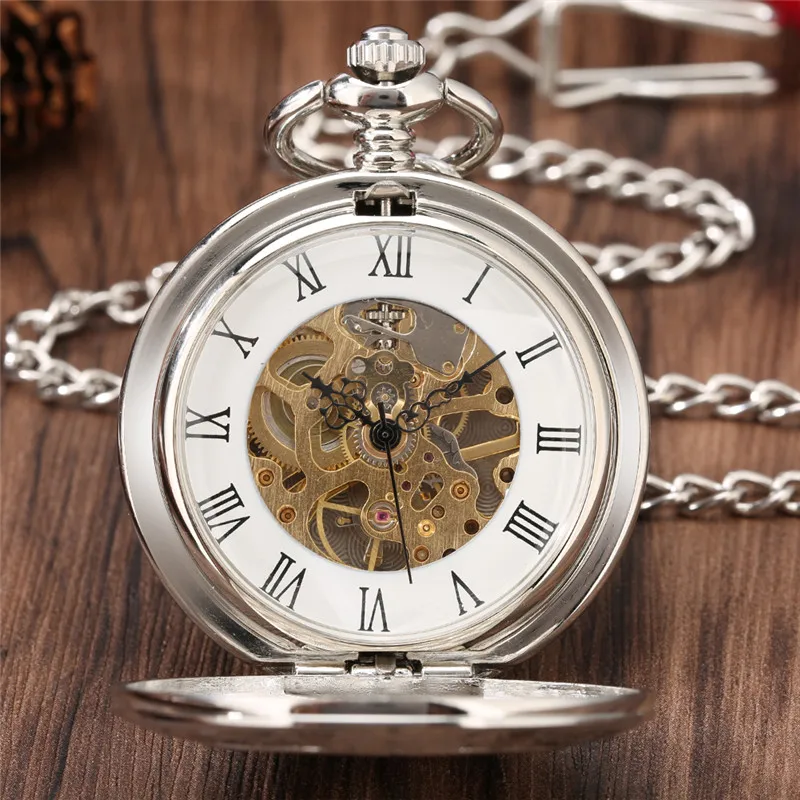 Steampunk Silver Handwinding Mechanical Pocket Watch for Men Women Double Hunter Roman Number Dial Pendant Necklace Chain Reloj