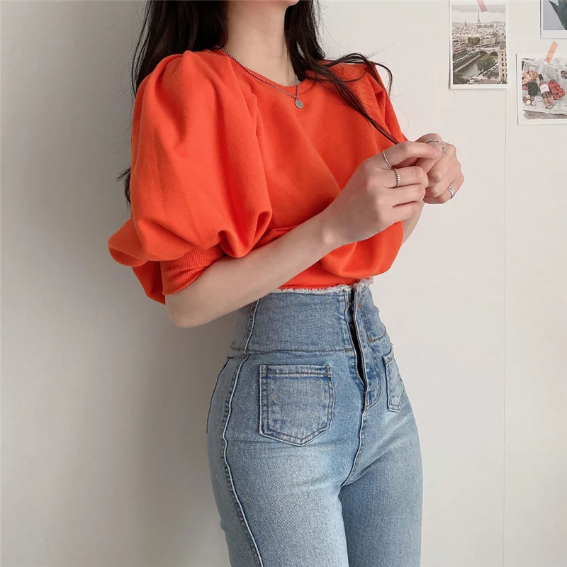 

KUSAHIKI Solid Causal Lantern Short Sleeve Graphic Tees Women Korean O-neck Elegant Tshirt 2021 Spring Summer New T Shirts 6G481