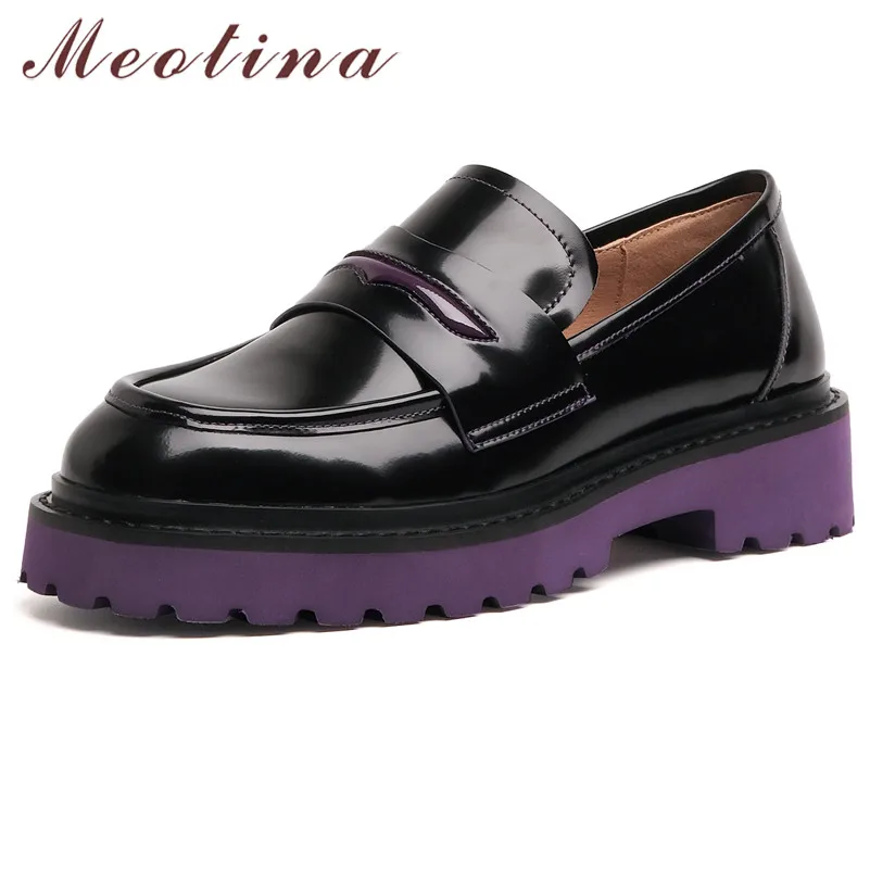 

Туфли Meotina женские на среднем каблуке, натуральная кожа, лоферы, круглый носок, без застежки, массивный каблук, обувь на весну