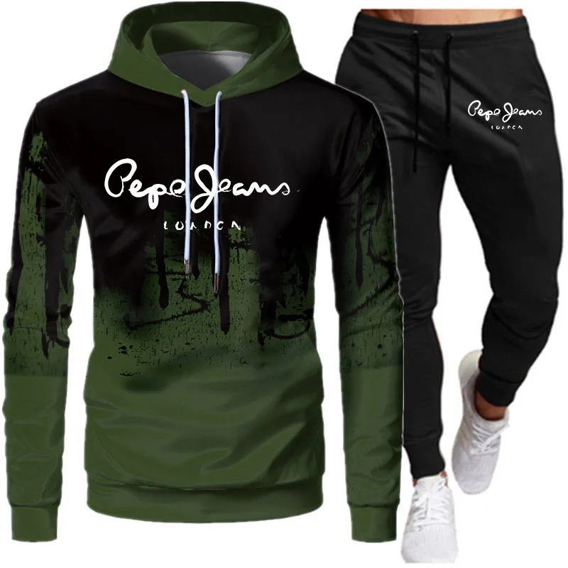

2022 Spring and Autumn New Pepe Printed Men's Tracksuit Running Fitness Jacket Hooded Hoodies + Sweat Pants Outdoor Man Clothing