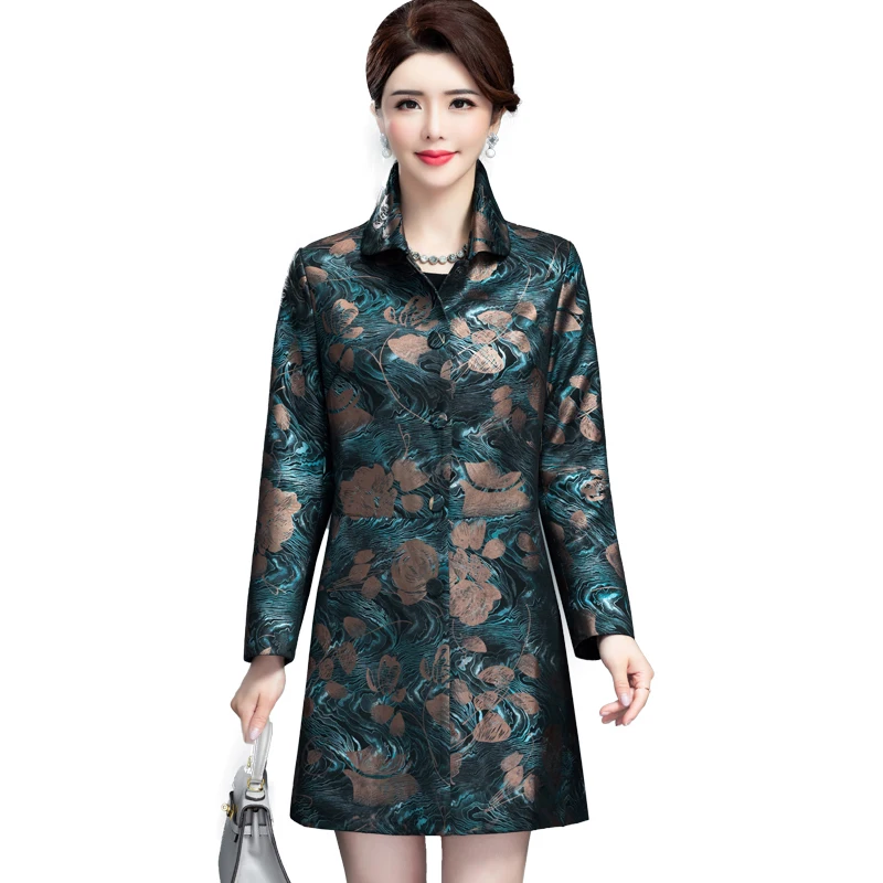 

Women Comfortable Faux Leather Jacket New Middle-aged Ladies Retro Pu Leather Trench Floral Printed Coats Female Clothing 6XL
