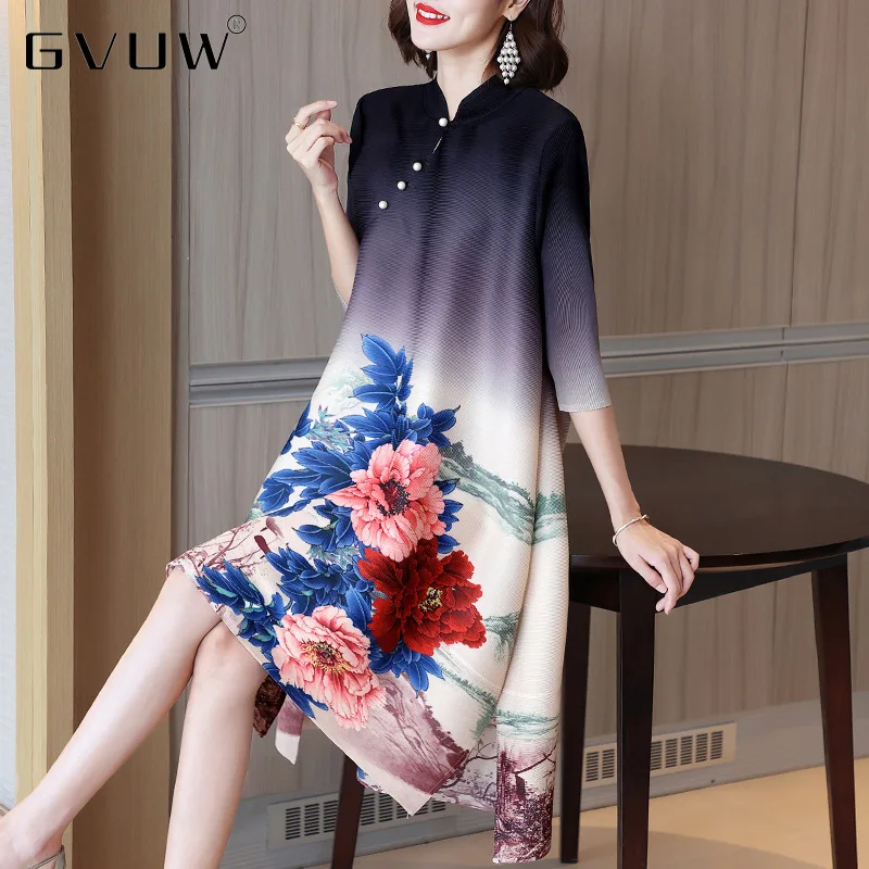 

GVUW Chinese Style Printed Dress Early Autumn 2021 New Mother's Dress Foreign Style Reduced Age Large Women's ZH0018