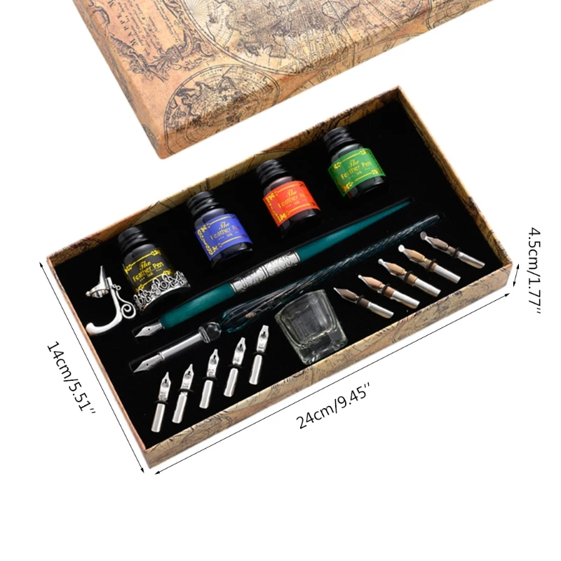 

Vintage Dip Pens Fountain Writing Ink 10 Nibs Pen Holder Gift Box Calligraphy
