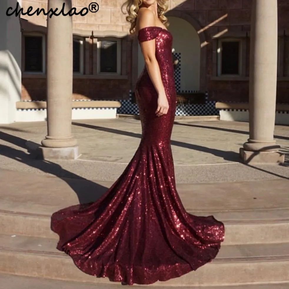 

Burgundy Off the Shoulder Sparkling Evening Dresses Elegant Sequin Sexy Tulle Moroccan Kaftan Formal Party Gown
