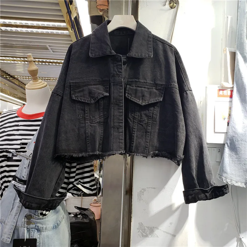 

Vintage Wash Black Denim Jacket Coat Women Big Pocket Bat Sleeve Outerwear Spring Autumn Loose Hem Burrs Jeans Jackets Female