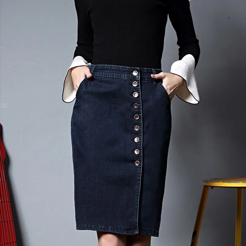Plus Size 5XL 6XL Hot Sale Elegant Ladies High Waist Bounce Denim Skirts Single Breasted Jeans Saia Slim Fit Knee Length | Женская