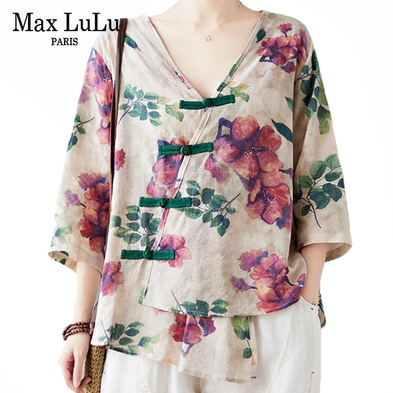 

Max LuLu 2021 Korean Summer Fashion Clothes Women Flowers Printed Blouses Ladies V-Neck Vintage Shirts Female Loose Casual Tops