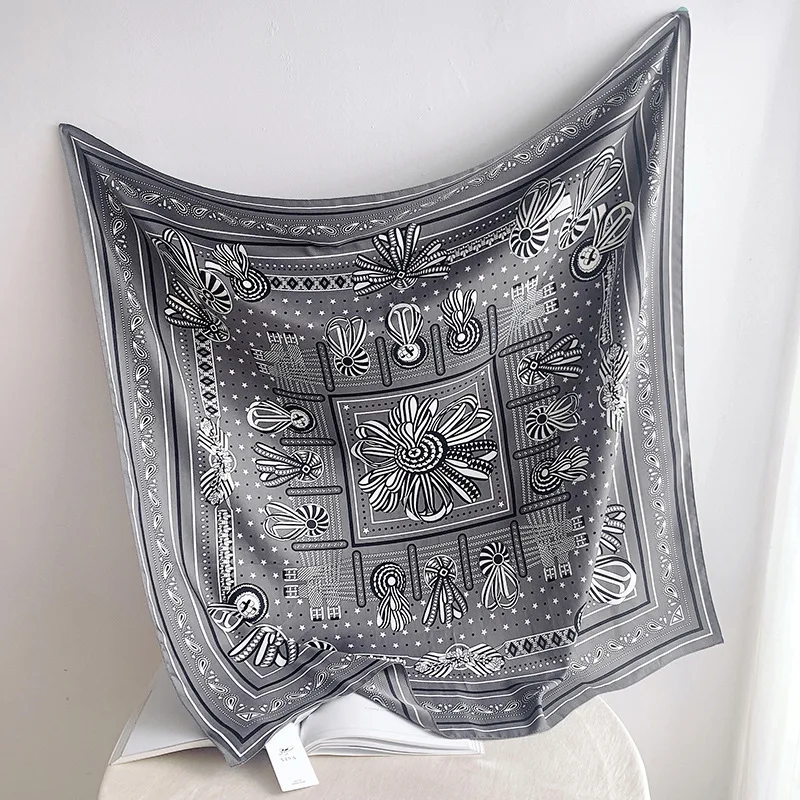 

90cm Silk Scarf Women Courage Badge Print Manual Hand Square Scarves Spain Echarpes Foulards Femme Wrap Bandana Small Hijab