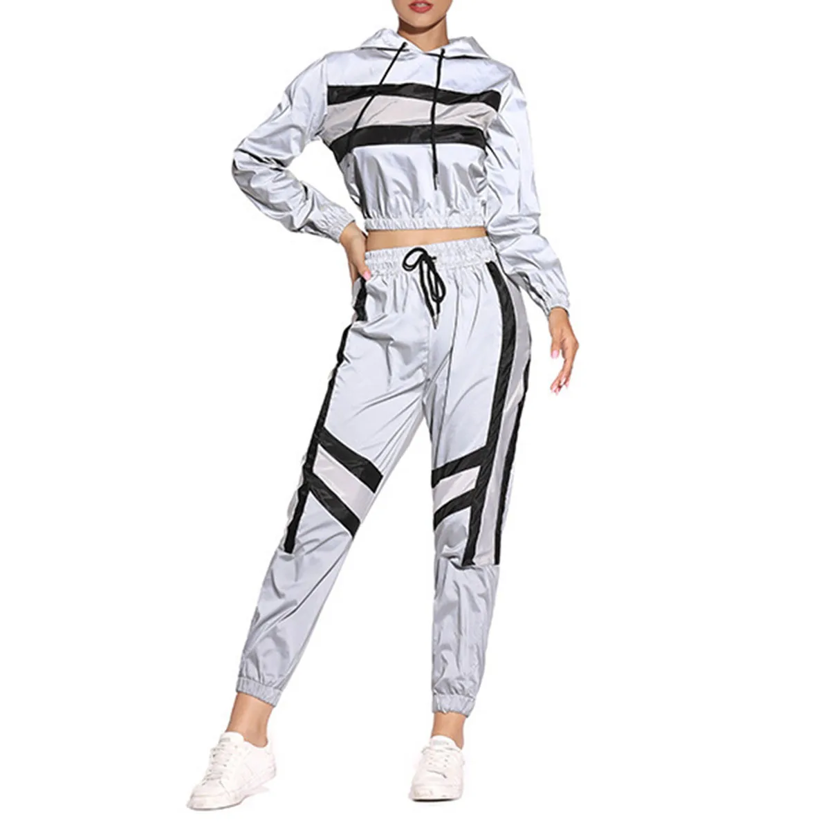 

Spring Autumn Women Color Block Stitching Reflective Tracksuit Two Piece Set Hooded Crop Top Jogger Sweatpants Set Outfits