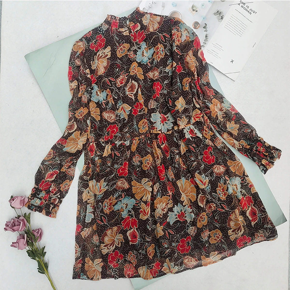 Summer Women's Floral Print Dress with Elegant Ruffle Neck and Puff Sleeves - Vintage Short Party Dress for Casual Autumn Occasions - Vestidos for Women image 3