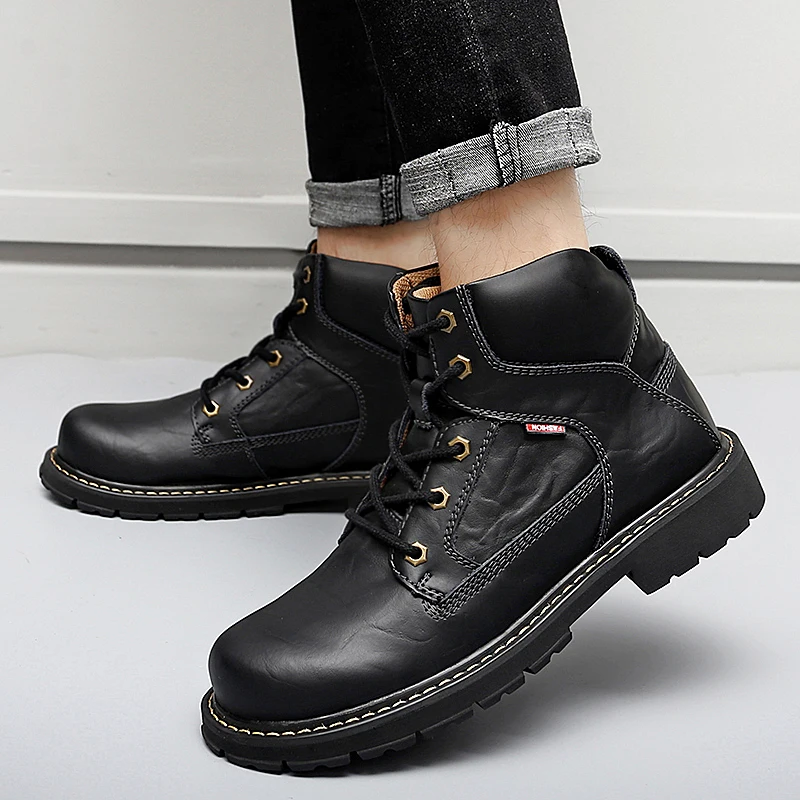 

Winter Boots Men Genuine Leather Shoes lace up fashion Winter Men Ankle Boots cow Leather Male Footwear boots men