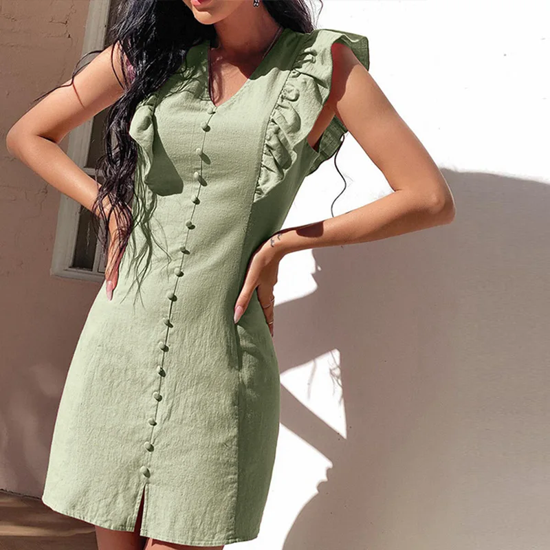 

Ruffle Sleeveless V-neck Solid Women Mini Dress Button Split Ruffles Tunic Ladies Slim Short Dresses 2021 Summer Casual Fashion