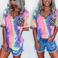 pink women casual tie dye t shirt summer leopard patchwork v neck short sleeve tops t shirts female camisetas verano mujer 2020