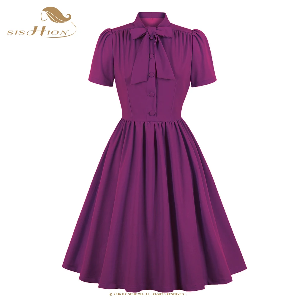 

SISHION Solid Red Purple Elegant Bow Neck Women 50s Vintage Swing Dress Short Sleeve A Line Pleated Dresses SP1740