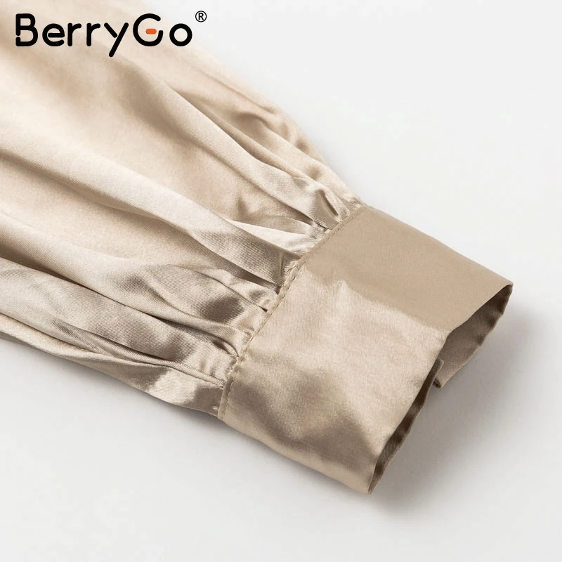 BerryGo Сексуальная атласная блузка с v образным вырезом женская рубашка буфами на