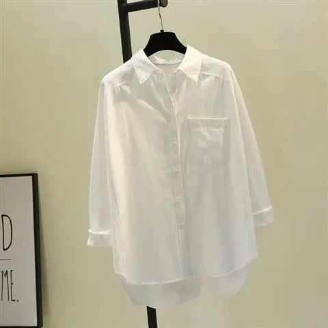 Female White Blue Pink Yellow Cotton Blouse Shirt Women Long Sleeve Front Pocket Ladies Tops Korean Loose Chemise Femme