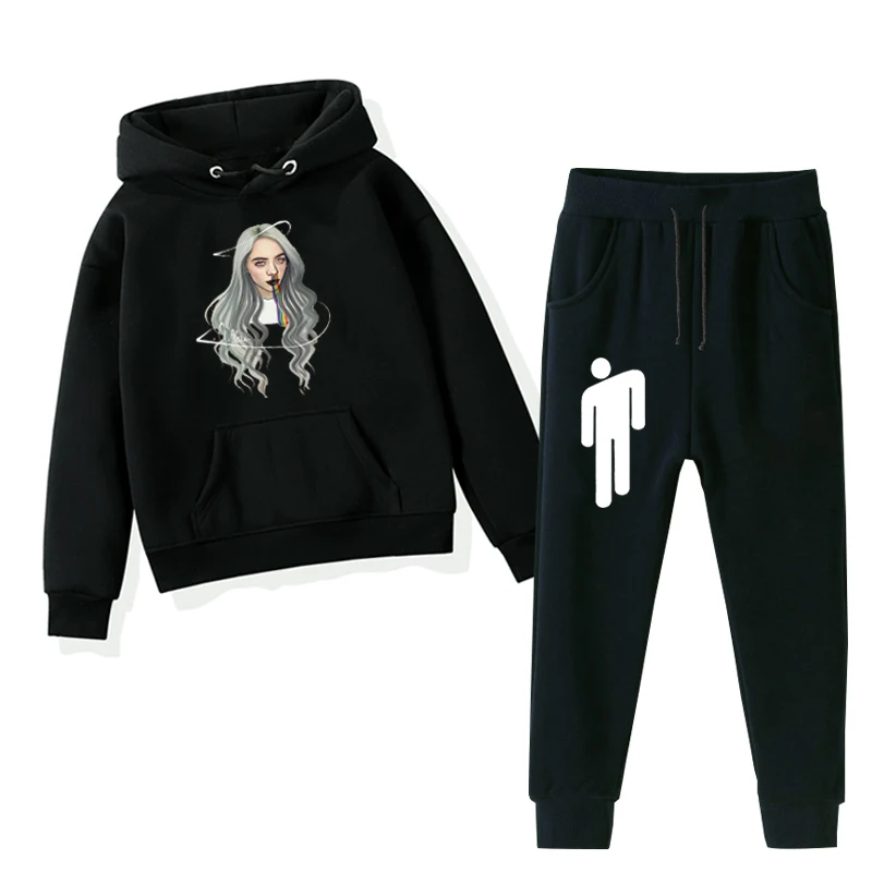 Billie Eilish принтами детская одежда длинный теплый жакет для девочки; Зимние толстовки с капюшоном для девочек+ брюки 2 шт./компл. для мальчиков-подростков, повседневная одежда, детский тренировочный костюм, комплект - Цвет: 3