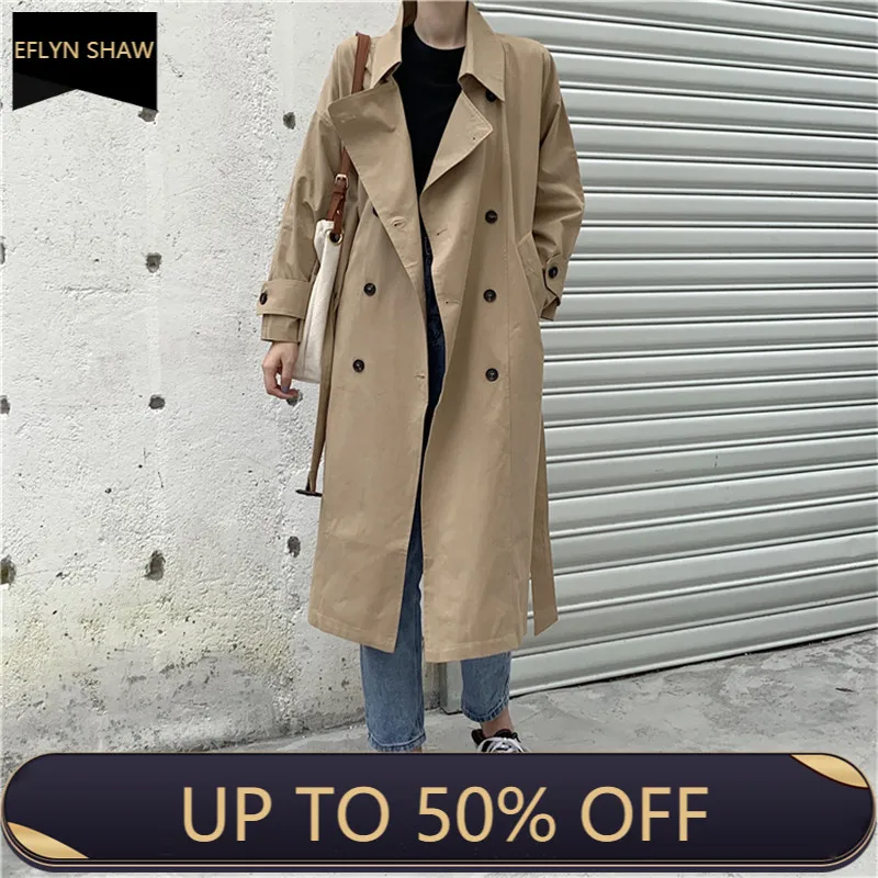 

Elegant Women Fashion Khaki Trench Coats Korean Double Breast Chic British Style Loose Belt Tunic Waist Long Jacket Windbreaker