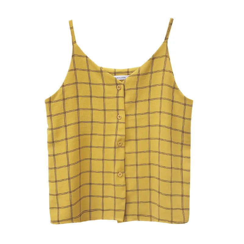 

SANGMAY Camisole Women Summer Chiffon Tops Vintage Loose Plaid Single V-Neck Tank-Top