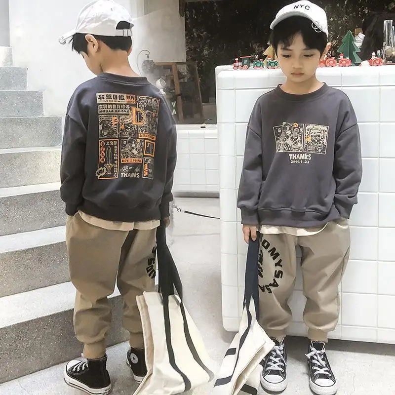 Одежда для мальчиков костюм хлопковый Свитшот и штаны комплект весенней одежды