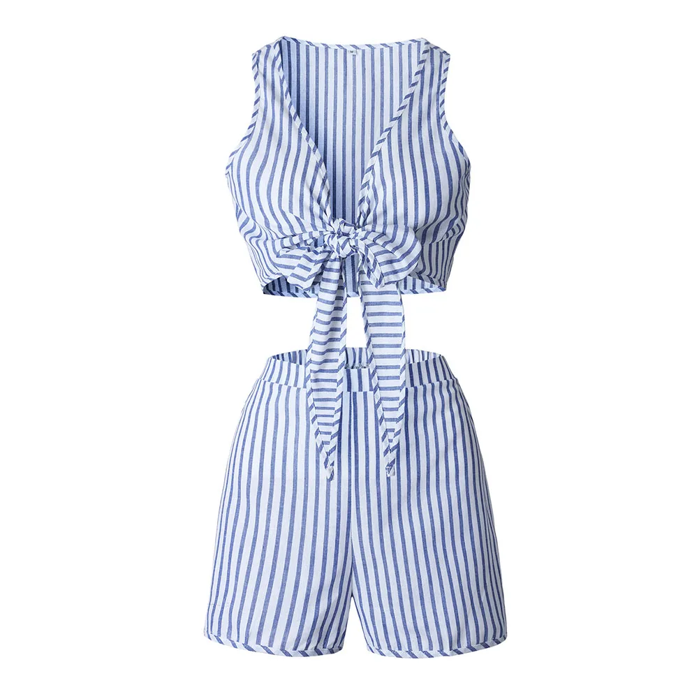 

Hot Women Sexy Stripe Two Pieces Bandage V-neck Tops+Shorts Suit Summer Beach Clothes Set CGU 88