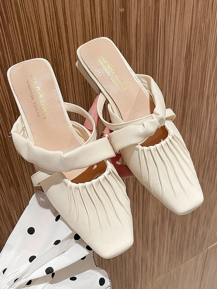 

Модные и удобные тапочки, однотонные дамские мюли Baotou на низком каблуке с квадратным носком, весна-осень