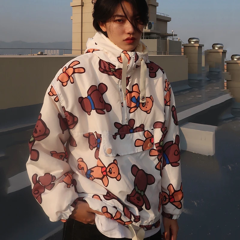 

Winter Hooded Parka Female Warm Jacket Cartoon Print Pullover Thicken Outwear Windproof Jacket Japanese Harajuku Ladies Coat