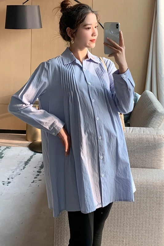 

911# Pleated Cotton Maternity Blouse A Line Loose Long Sleeve Shirt Clothes for Pregnant Women Large Size Spring Pregnancy Tops