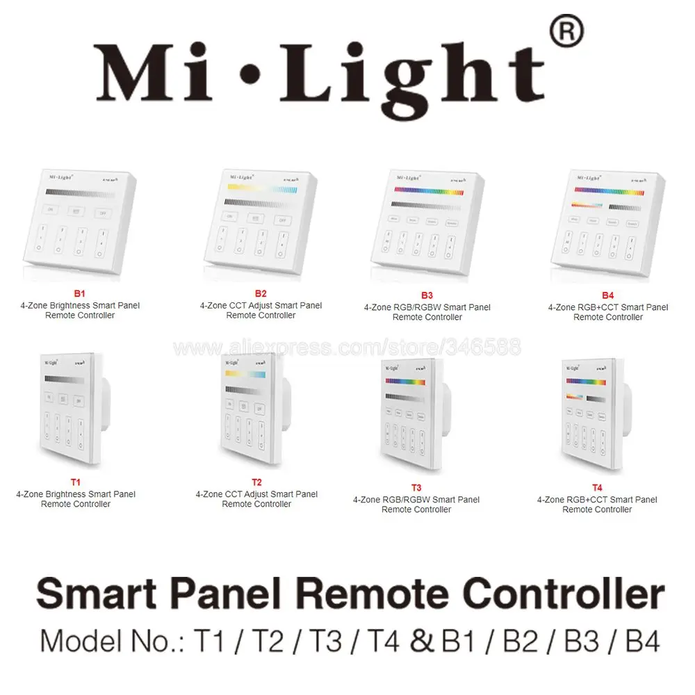 Painel de Toque Remoto sem Fio Inteligente com Dimmer de 4 Rgb + Cct Milight Inteligente Zona Cct Rgbw 2.4g Controle b1 b2 b3 b4 t1 t2 t3 t4 – Rgb