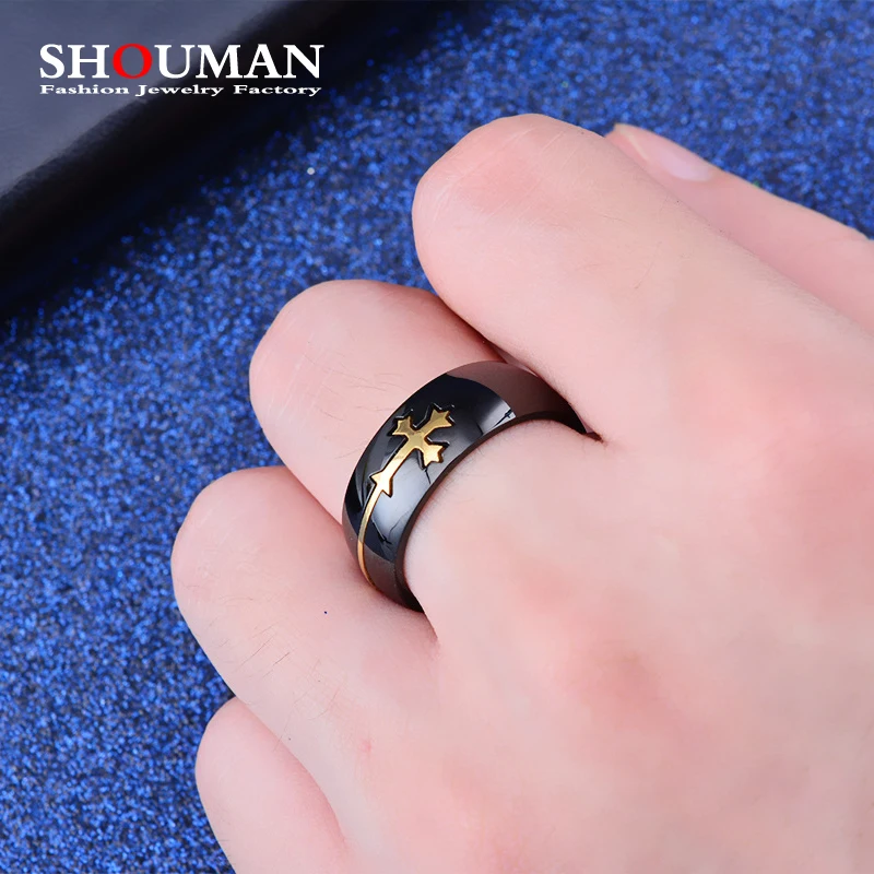 

SHOUMAN Knight Templar Removable Cross Black Punk Crusaders Band Rings for Mens Promise Jewelry Anel