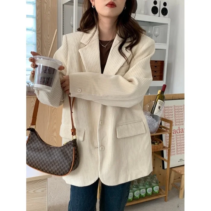 

White Suit Coat Temperament Versatile Casual Coat Autumn Winter Corduroy Small Suit Women's Fashion Rac