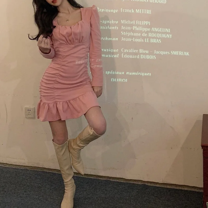 

Women Dress A-Line square collar Long Sleeve Mini-Length High Waist Slim Korean Fashion Vintage Autumn Woman Dresses