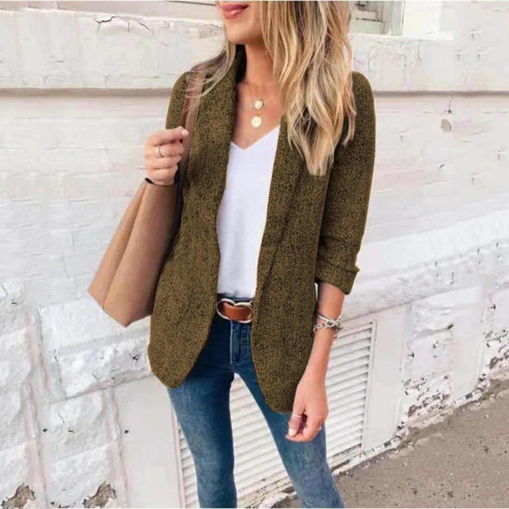 

Autumn And Winter Women's Khaki Suit Coat Tops Fashion Lapel Temperament Slim Woman Long Sleeved Cardigan Small Suit Jacket 2021