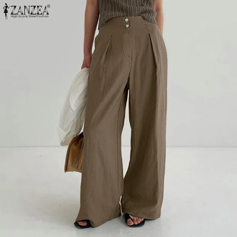 

Брюки ZANZEA женские на пуговицах, повседневные длинные плиссированные штаны с завышенной талией, элегантные Широкие штаны, однотонные Больши...