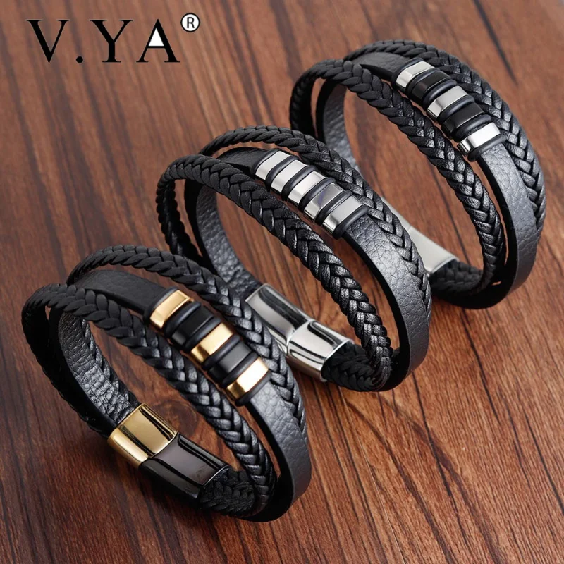 Мужской плетеный браслет с перьями V.YA многослойное украшение в стиле панк из