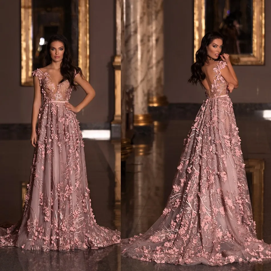 Вечернее платье Zuhair Murad ТРАПЕЦИЕВИДНОЕ кружевное с v-образным вырезом 3D цветочной