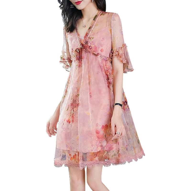 

Silk Fashion V-neck Floral Skirt Children 2021 New Summer Dress Loose Temperament Fairy Silk Dress