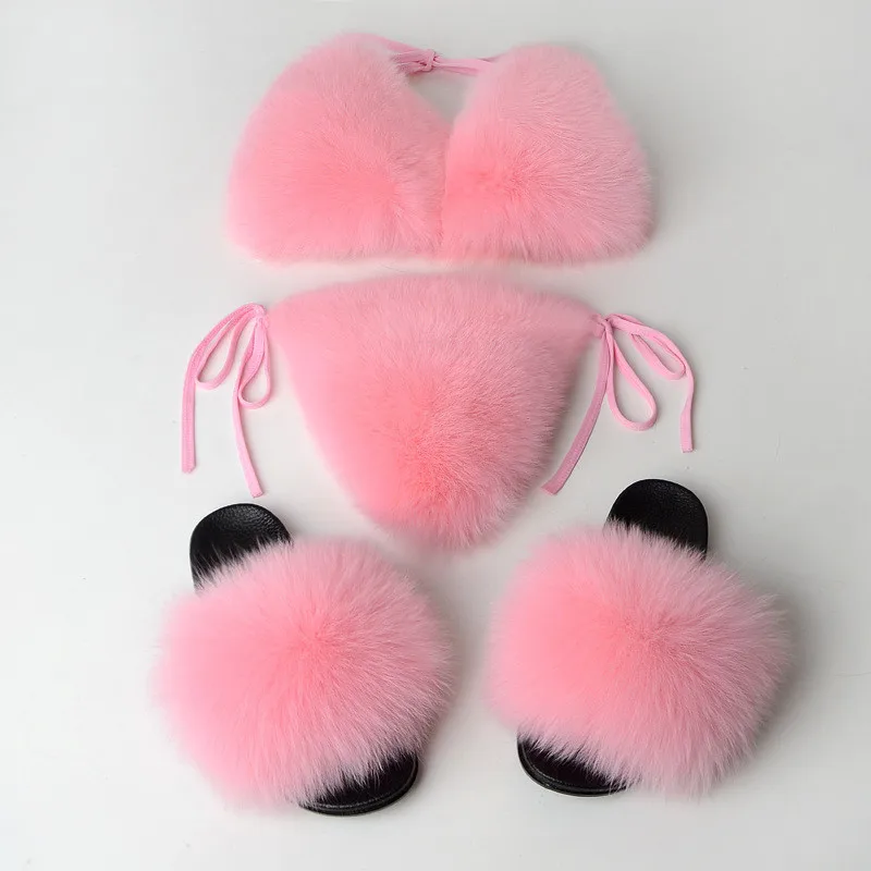 Pink sets Модные женские шлепанцы; бюстгальтер бикини из натурального Лисьего меха; летняя пляжная обувь; женское нижнее белье; съемный Толстый Пушистый комплект бикини из натурального меха - Цвет: Pink sets