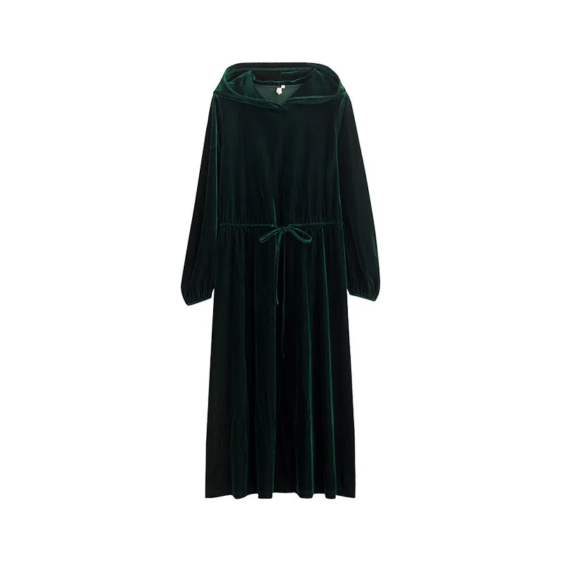 

INMAN Autumn Winter Women's Dress Hooded Retro Lady Drawstring Elastic Waist Long Sleeve One-Piece