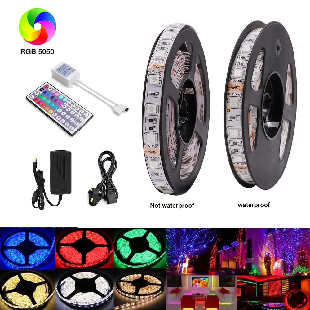 

DC 12V LED Strip 5050 RGB 5M 300 LED 12V Flexible LED Strip light With 44Key Remote Controller +5A Power Adapter Uk Plug