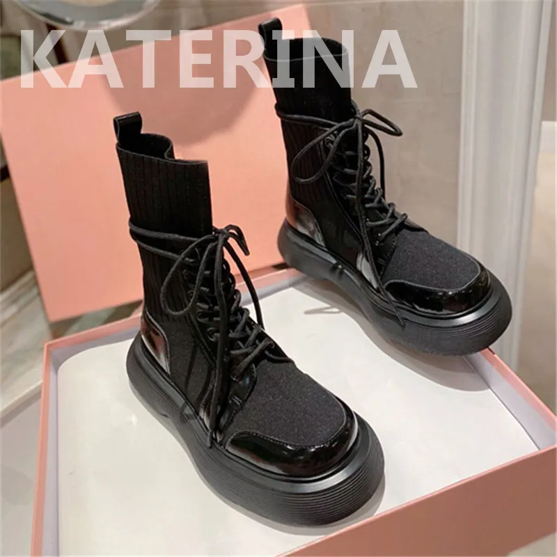 

2021 New Autum Winter Lace Up Round Toe Socks Boots Snow Knitting High Top Platform Mixed Color Chunky Women High Quality